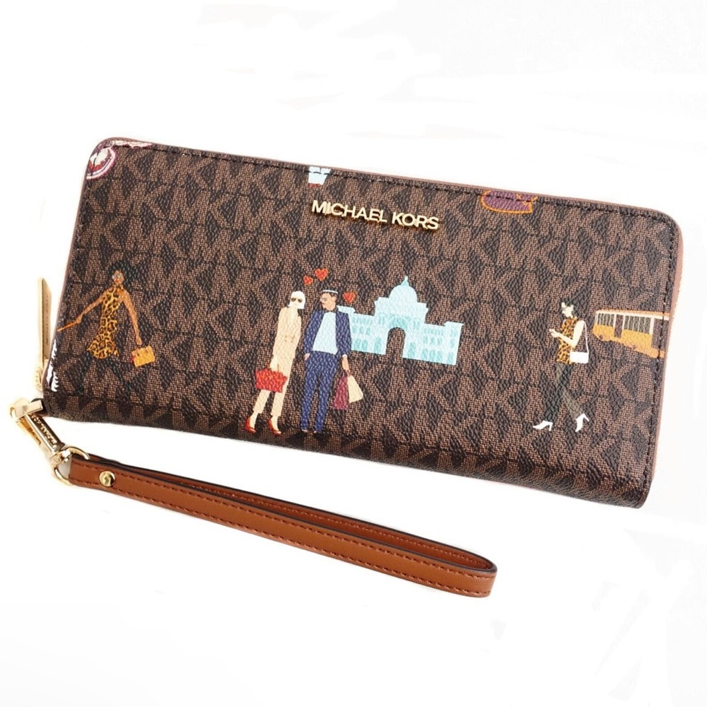 Michael Kors Jet Set Girls Large Zip Around Continental Wristlet Wallet Brown